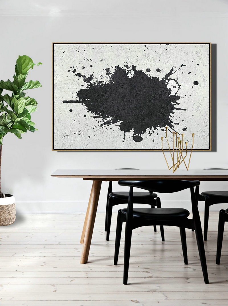 Modern Canvas Art,Oversized Horizontal Minimalist Splash Art On Canvas, Black And White Minimalist Painting - Hand-Painted Contemporary Art